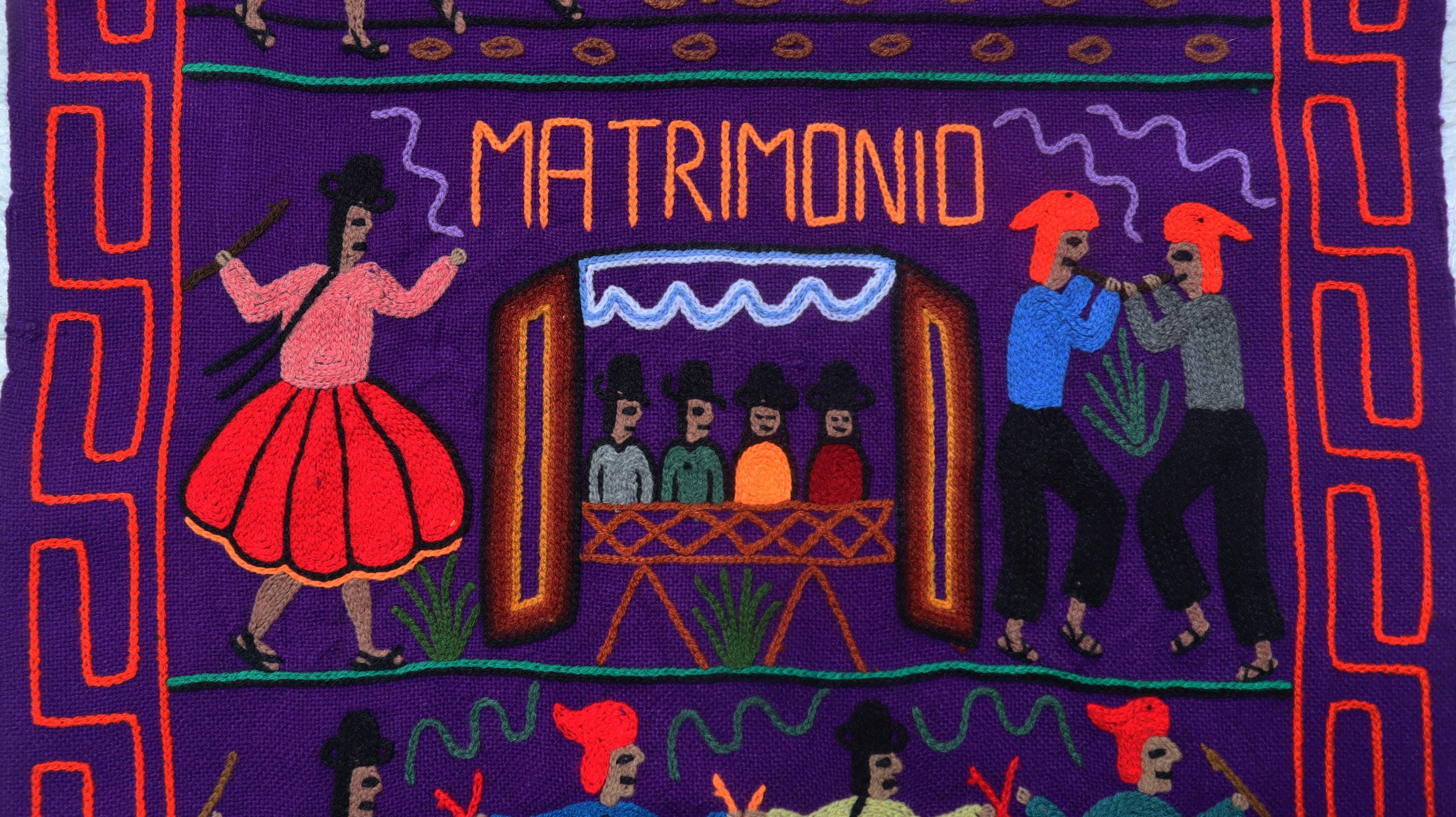 ヴィンテージペルー手刺繍ウールタペストリー：ウロス島の民芸品