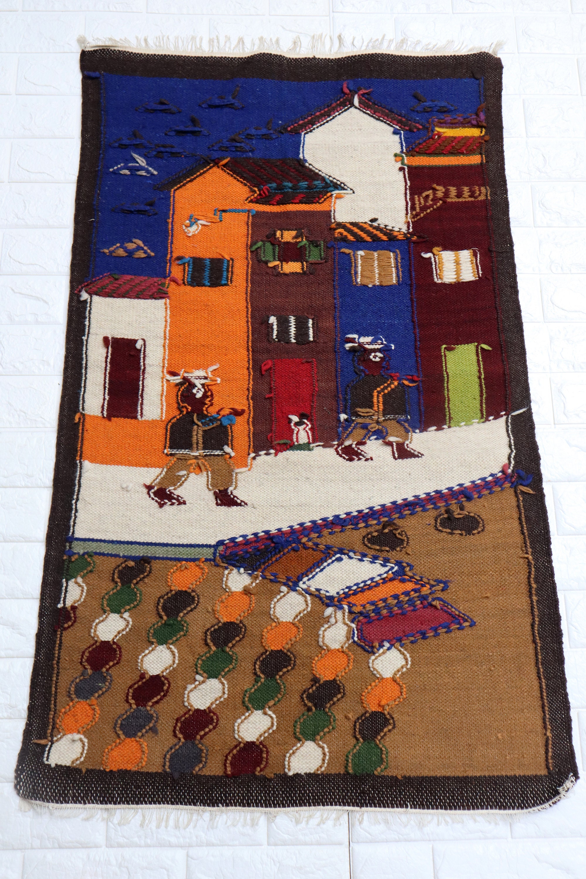 Tapis Mural Tissé Main – Roadrunner – Laine 100% – Équateur – Art Populaire Années 70 Vintage