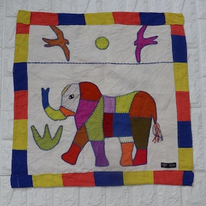 Vintage Handstitch Senegal Appliqué Wall Hanging African Elephant Pattern African Wildlife Embroidery Patchwork Quilt Folk Art Home Decor.
