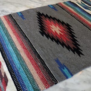 Vintage Mexican Hand Woven Rug Aztec Symbols Lighting Arrow Weaving Wall Hanging Tapestry Artesanias RYA Mexico Blanket Textile Home Decor.