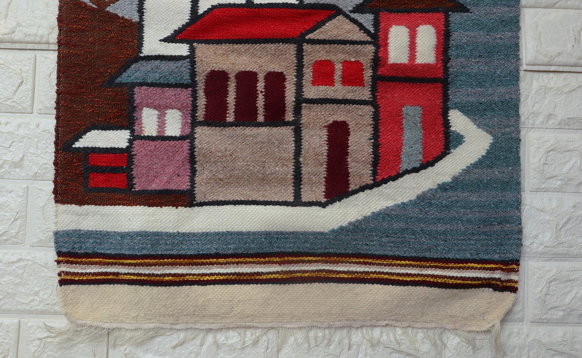 Tapis Mural Vintage Laine Tissée Main Équateur - Art Populaire - Multicolore
