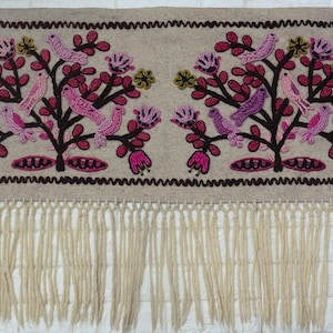Vintage Poland Hand Embroidery Blooming Flowers Bird Wool Rug Wall Tapestry Sumak Felt Wall Hanging Polish Folk Art Home Decor Nature Lover.
