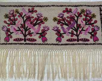 Vintage Polish Wool Embroidery Tapestry: Blooming Flowers & Birds Folk Art