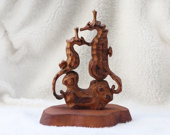 Vintage Wood Carved Seahorse Sculpture Statue Table Top. Japan Handmade Wooden Ocean Animal Figurine Asia Home Decor.
