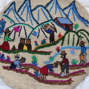 Taie d&#39;oreiller en laine d&#39;alpaga, broderie péruvienne vintage, style de vie des montagnes des Andes, tapisserie tissée à la main, art populaire du Pérou, taie d&#39;oreiller ronde, décoration d&#39;intérieur