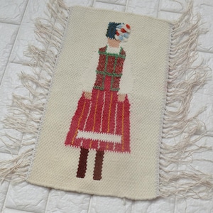Vintage Flemish Weaving Traditional Folk Costume Pattern Handwoven Wall Hanging Tapestry Scandinavian Textile Folk Art Rug Home Decor.