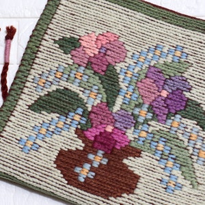 Poland Vintage Tapestry Purple Blooming Flower Motif Wool Rug Sumak Kilim. Polish Wall Hanging Handwoven Folk Art Home Decor Nature Lovers.
