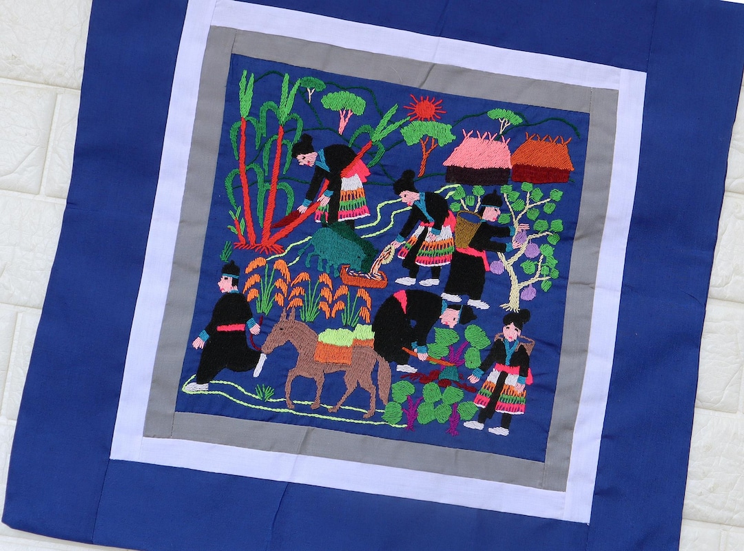Hmong Rug Vintage Embroidery Hmong Story Cloth Pillowcase Way of Life Village ...