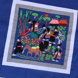 Vintage Embroidery Hmong Story Cloth Pillowcase Way of Life Village Pattern Asia Folk Art Rug Pillow Cover Textile Tapestry Home Decor.