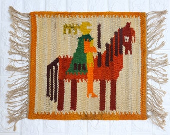 Vintage Polish Cepelia Hand Woven Knight on War Horse Pattern Wall Hanging Wool Tapestry. Poland Textile Folk Art Kilim Rug Home Decor.