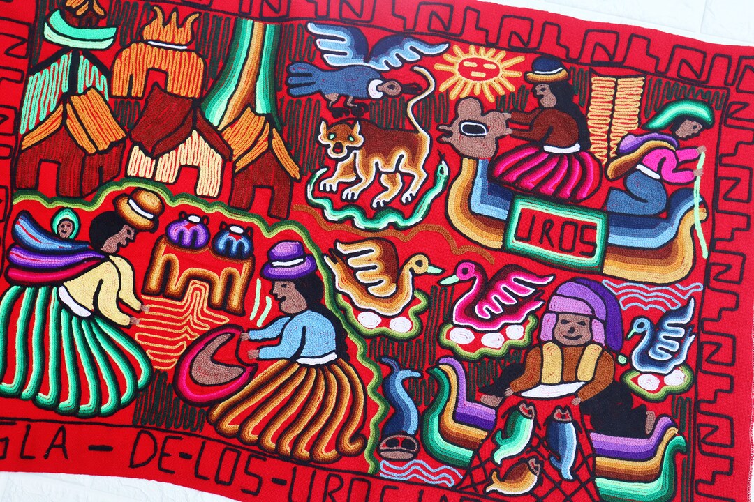 Vintage Peruvian Wall Hanging Hand Woven Wool Tapestry Embroidery Uros