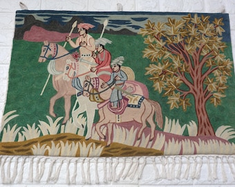 Vintage Kashmir Chain Stitch Handmade Embroidery Group of Hunter Pattern Wall Hanging Rug Tapestry Folk Art Rug Home Decor.