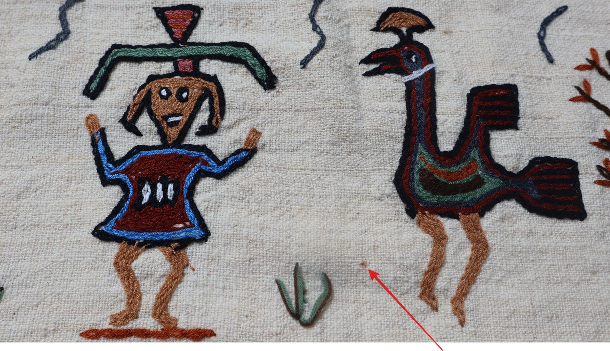 ヴィンテージペルーウールタペストリー：手刺繍のチムー民芸壁掛け