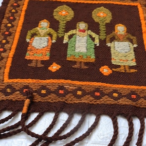 Poland Cepelia Vintage Tapestry Sumak Three Women in Traditional Costume Wool Rug Kilim Polish Wall Hanging Handwoven Folk Art Home Decor.