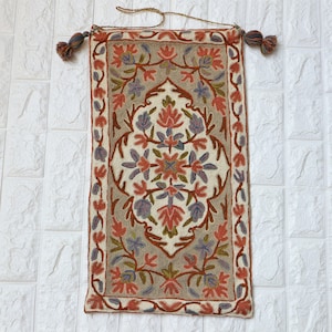Kashmir Chain Stitch Vintage Handmade Embroidery Blooming Floral Pattern Wall Hanging Rug Tapestry. Kashmir Textile Folk Art Rug Home Decor.