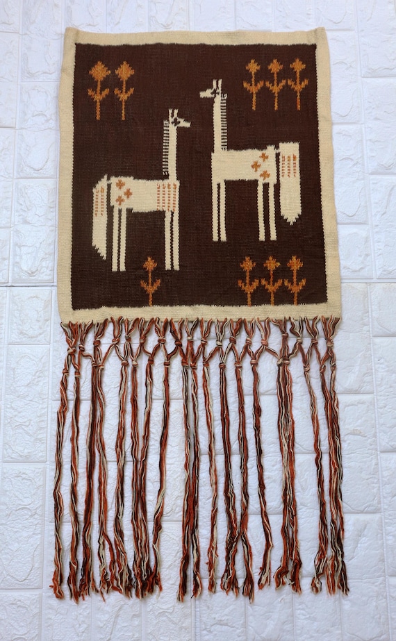 Vintage Scandinavian Style Wool Tapestry Peacock Motif Wall Hanging Rug Folk Art Home Decor.