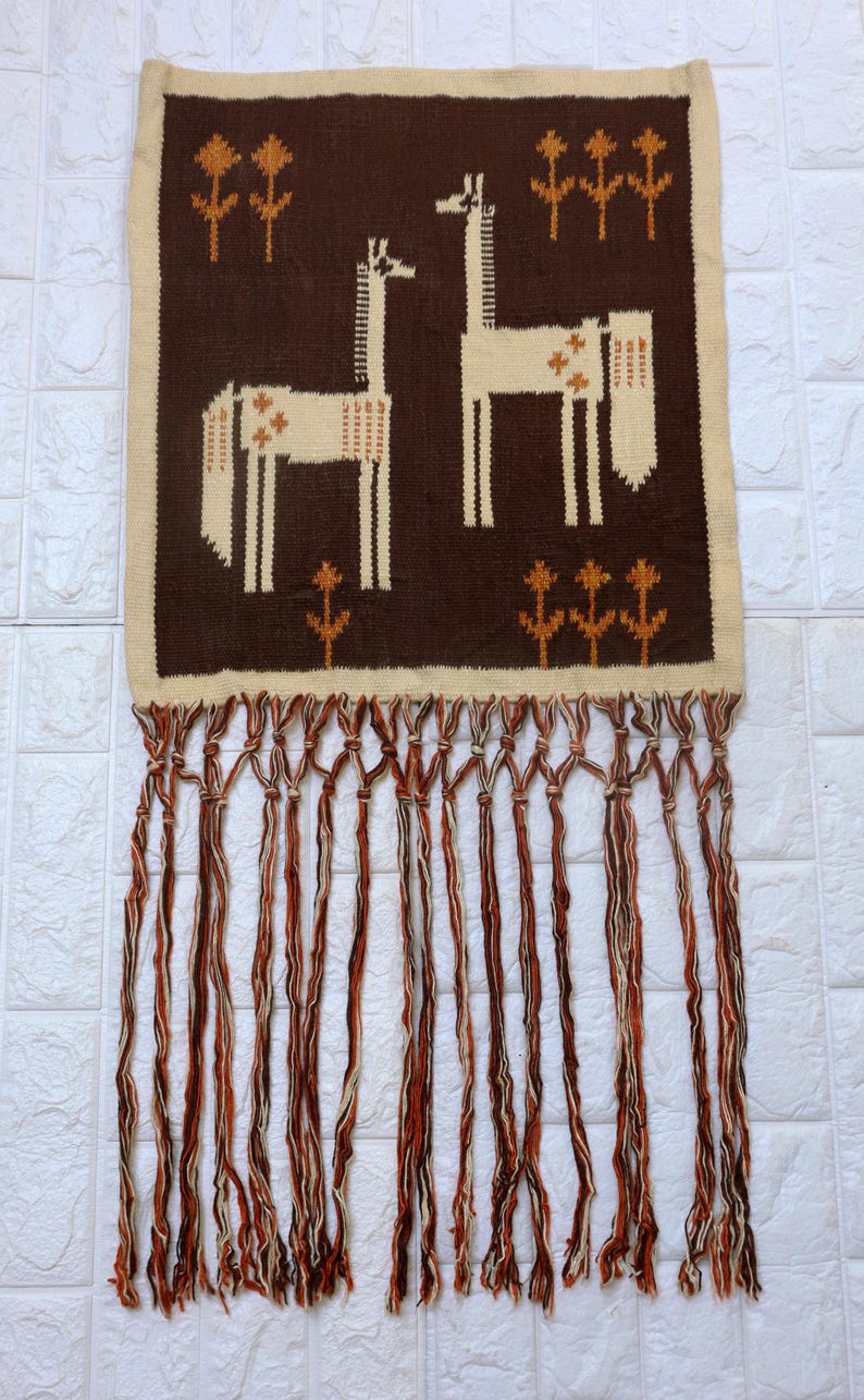 Vintage Scandinavian Style Wool Tapestry Peacock Motif Wall Hanging Rug Folk Art Home Decor. image 1
