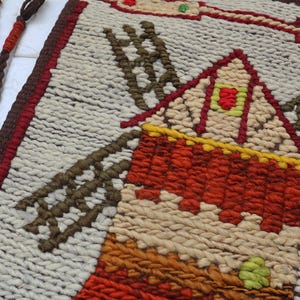 Vintage Cepelia Tapestry Polish Windmill House Wool Sumak Kilim Rug Poland Wall Hanging Handwoven Folk Art Home Decor Rural Landscape.