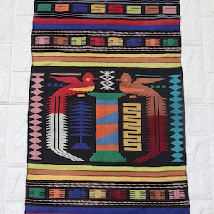 Vintage Guatemala Wall Hanging Quetzal Bird Motif Embroidery Hand Woven Rug Tapestry Folk Art Textile Home Decor Nature Lover Latin America.