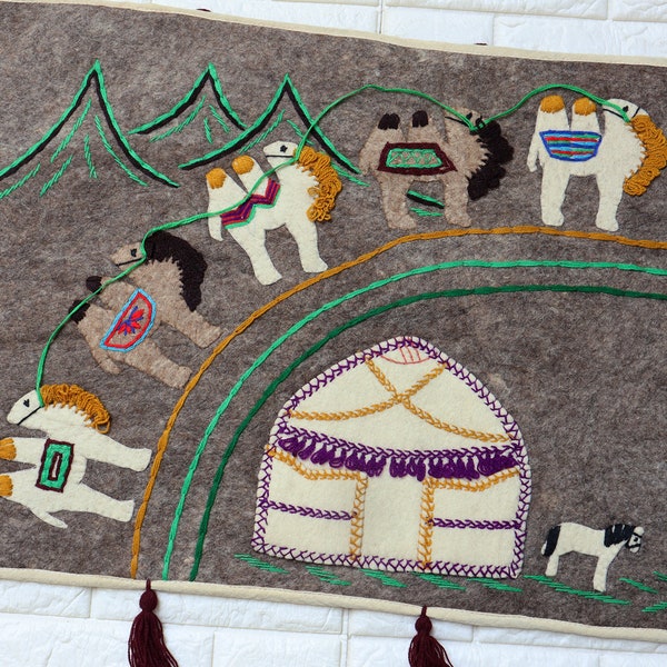 Vintage Handmade Appliqué Mongolian Scenery Quilt Felt Embroidery Wall Hanging Tapestry. Mongolia Textile Folk Art East Asia Home Decor.