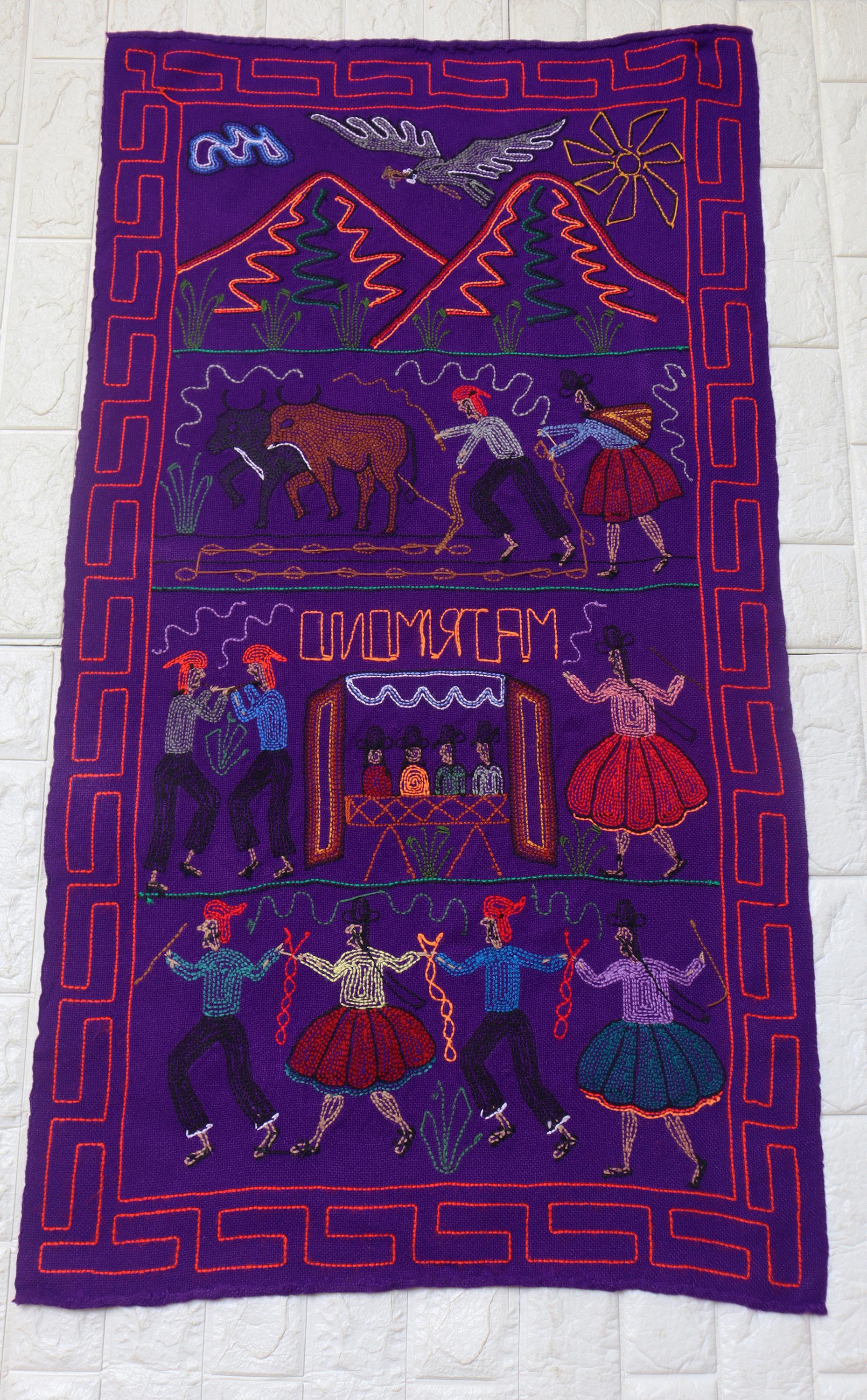 ヴィンテージペルー手刺繍ウールタペストリー：ウロス島の民芸品