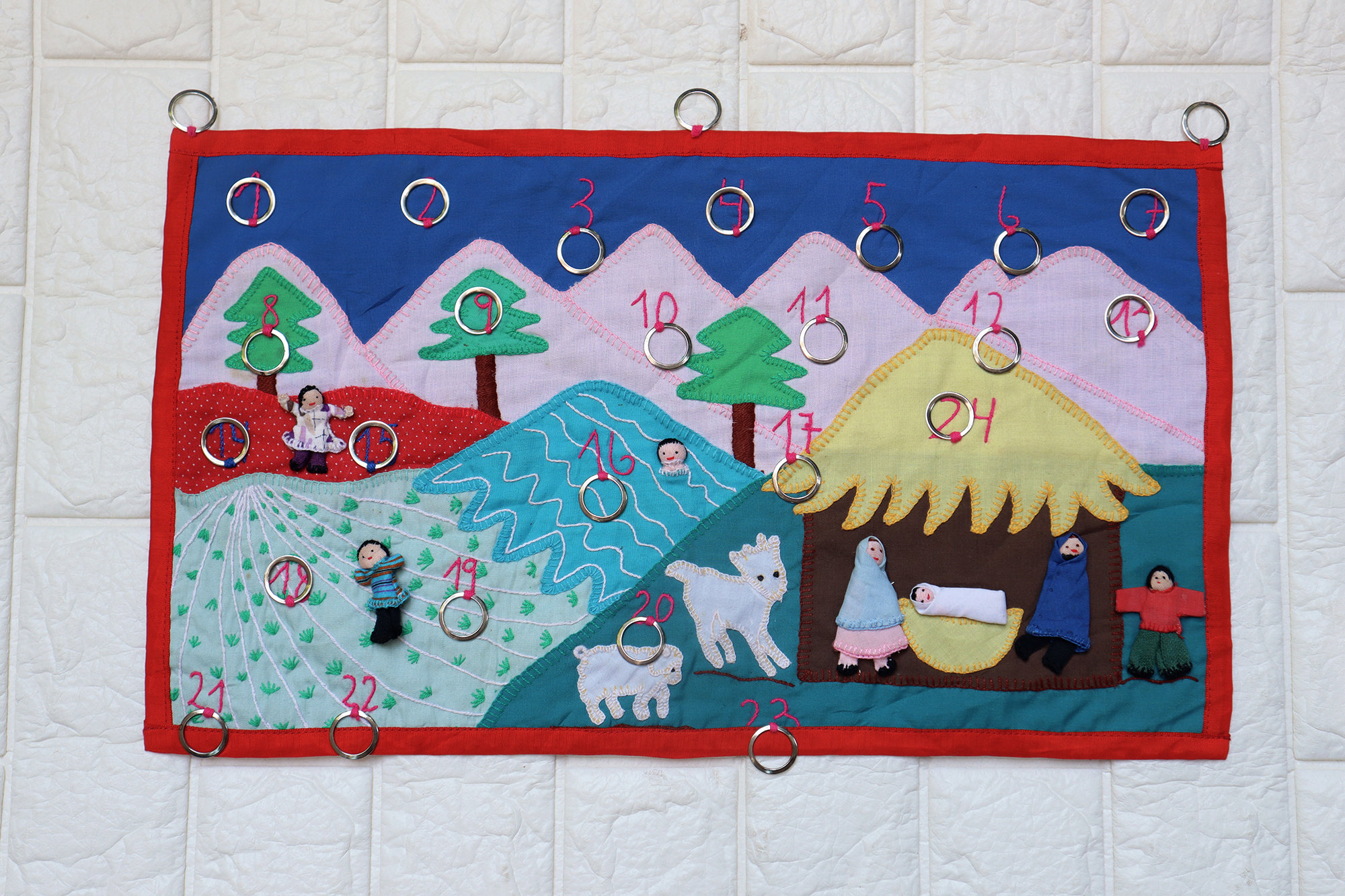 Vintage Chile Arpillera Advent Calendar Village Scenery 3D Applique Original Handmade Embroidery Chilean Folk Art Wall Hanging Tapestry.