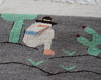 Vintage Handwoven Mexican Wool Rug: Desert Landscape Tapestry Wall Hanging