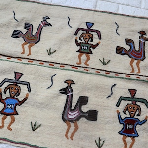 Könnte beinhalten: Cremefarbener Textil mit einem sich wiederholenden Muster aus stilisierten Figuren und Vögeln in Braun-, Blau-, Rot- und Grüntönen. Die Figuren scheinen die Arme hochzuhalten. Der Stoff hat einen Rand mit grünen und roten Streifen.