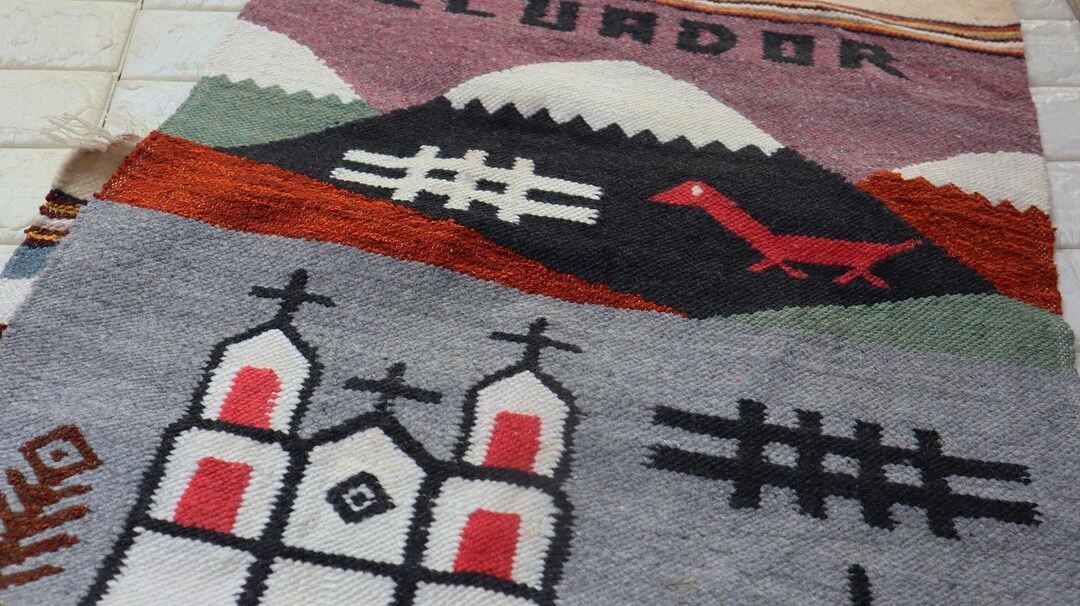 Tapis Mural Vintage Laine Tissée Main Équateur - Art Populaire - Multicolore