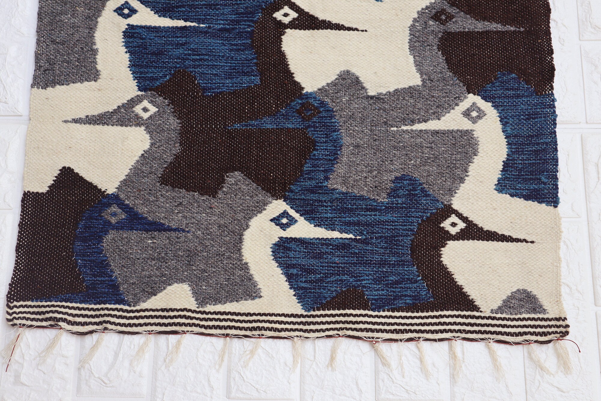 Vintage Ecuador Bird Motif Tapestry Wall Hanging Hand Woven Kilim Rug