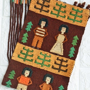 Vintage Polish Cepelia Woven Wall Hanging Wool Tapestry Man and Woman pattern. Poland Textile Folk Art Kilim Rug Home Decor.