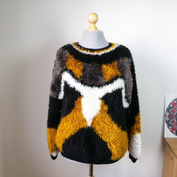 schwarz goldener Pullover mit abstraktem, grafischen Muster, Pullover, Vintage, 1980er, Material-Mix, Größe L-XL