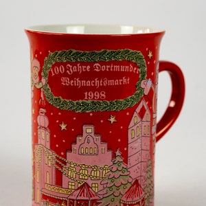 Christmas market cup, mulled wine, vintage cup, Dortmund, used, with naive patterns, annual cup 1998, red image 4