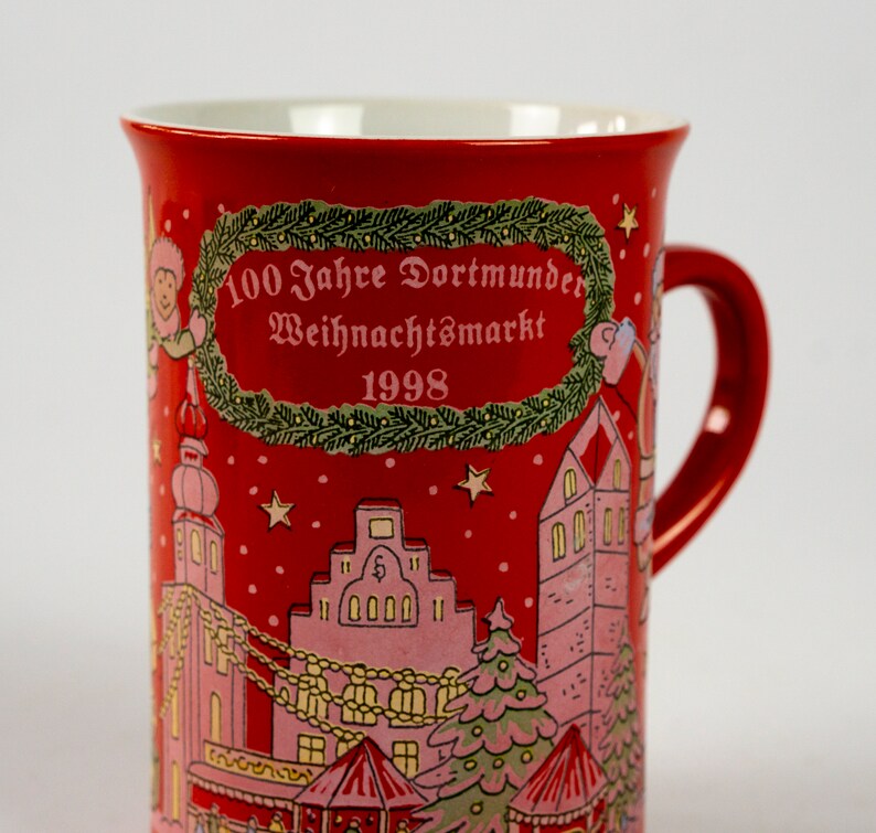 Christmas market cup, mulled wine, vintage cup, Dortmund, used, with naive patterns, annual cup 1998, red image 4