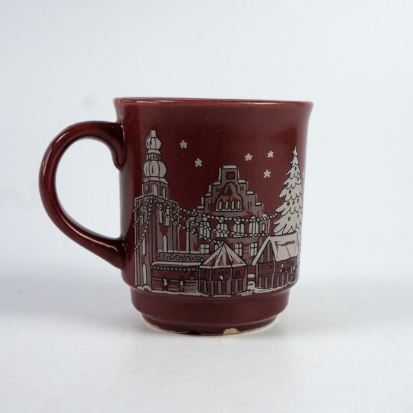 Weihnachtsmarkt Tasse, Glühwein, Vintage Tasse, Dortmund, gebraucht, mit naiven Mustern, Jahrestasse 1992, braun/lila