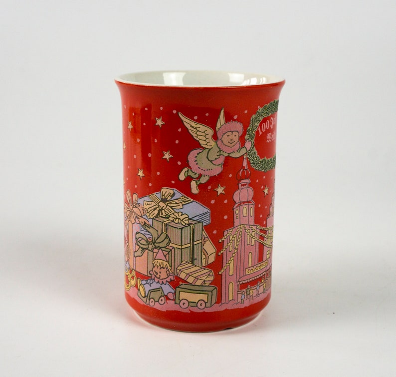 Christmas market cup, mulled wine, vintage cup, Dortmund, used, with naive patterns, annual cup 1998, red image 3