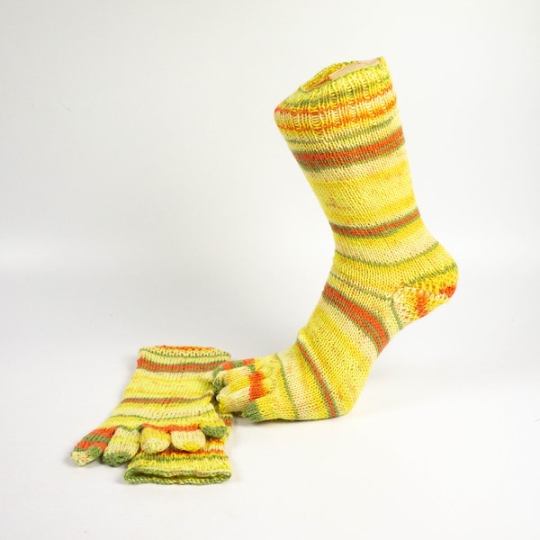 Toe socks, hand-knitted socks made of quality sock wool, size 35-36, genuine handmade, yellow, orange and green