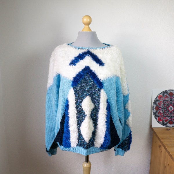 blauer Pullover mit abstraktem, grafischen Muster, Pullover, Vintage, 1980er, Material-Mix, Größe L-XL
