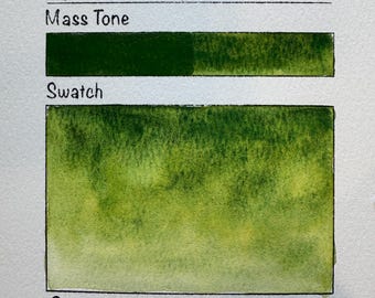 May include: A watercolor paint swatch card labeled MashasWatercolors for Serpent Green pigment PY150, PR102, PB28. It features a dark mass tone bar and a large green gradient swatch. Details include opacity, very good lightfastness, some staining, and toxicity level C.
