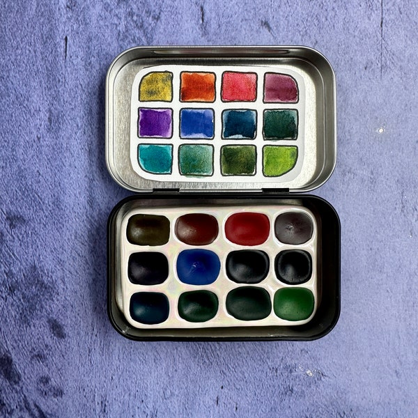 Mini travel tin ESSENTIAL SET # 1 Handmade granulating watercolor with white crackle glaze and mother of pearl ceramic palette and small tin