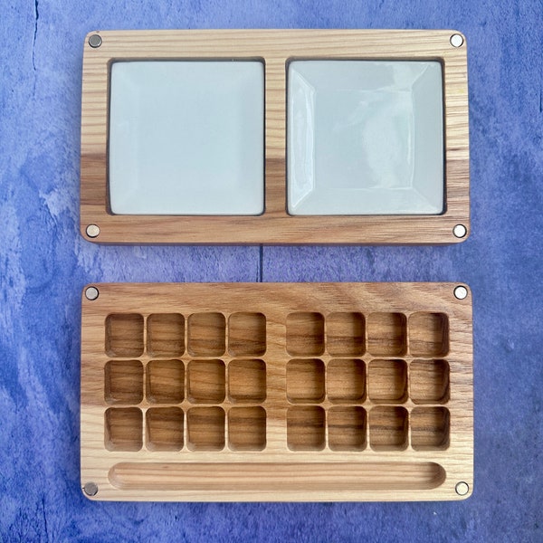 Hickory handmade solid wood watercolor palette 24 wells and two ceramic mixing areas