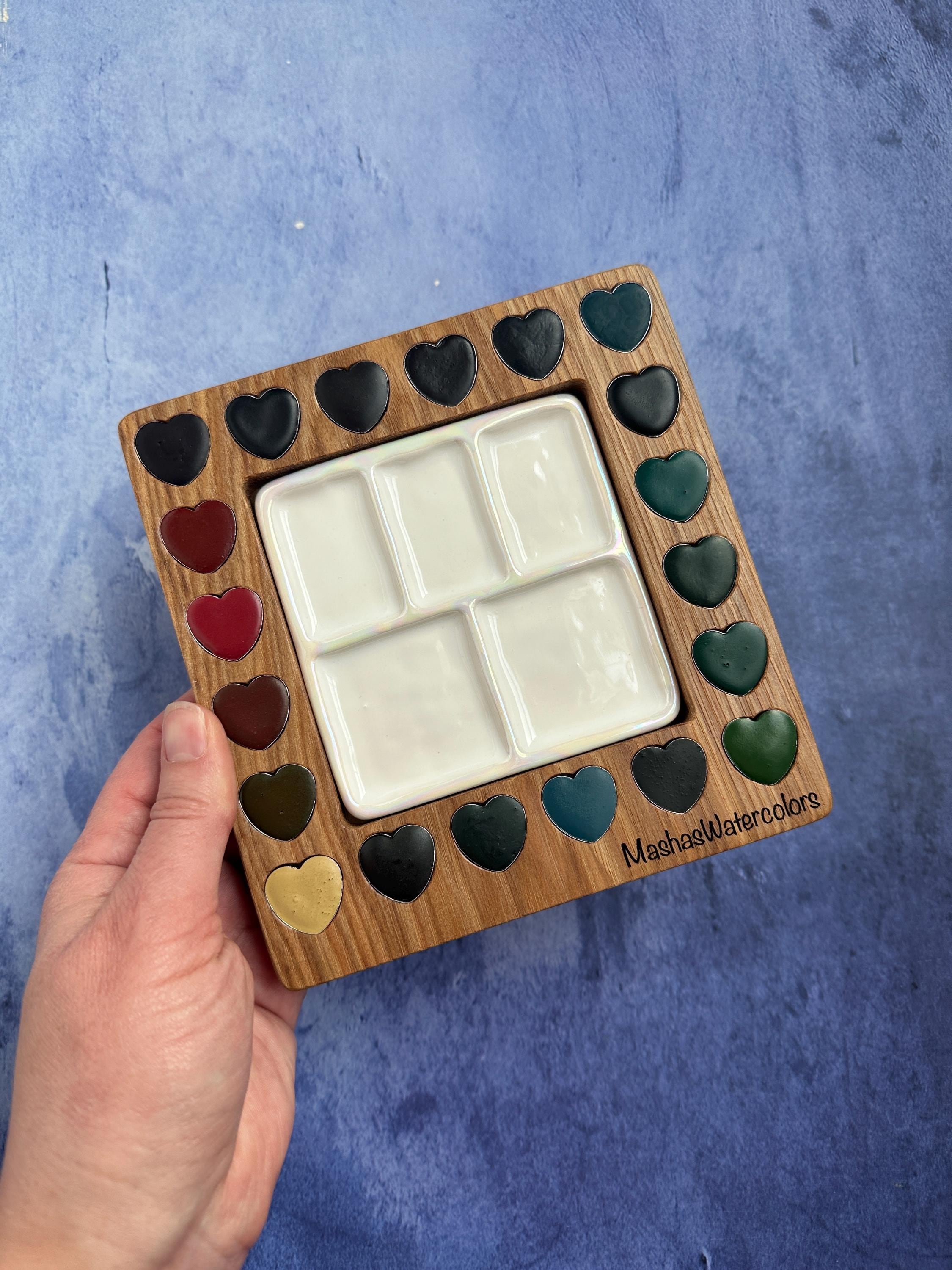 DENISE LOVE  heart shaped Quarter pan set of 20 Granulating  handmade watercolors in wooden palette