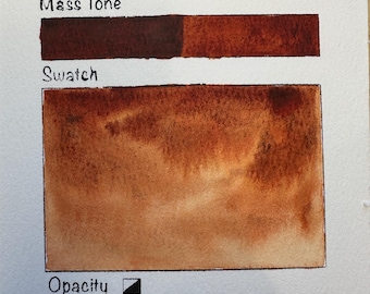 Può includere: Una scheda campione di acquerello MashasWatercolors, colore Flame, con pigmenti PY150, PR102, PR144. Mostra una barra di tono di massa e un grande campione rettangolare di vernice arancione-marrone. I dettagli includono opacità, resistenza alla luce, macchiabilità e tossicità.