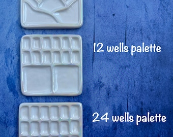 Mini travel ceramic watercolor palettes and mixing wells handmade watercolor palette fits in small  metal tin portable palette