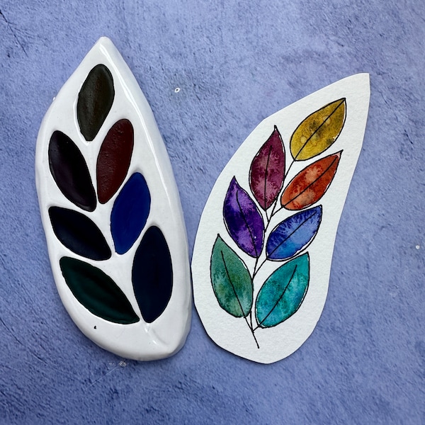 Ceramic watercolor sample palette leaf hand carved palette with 7 granulating colors sample set