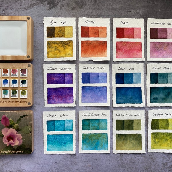 Handmade  Hollyhock  watercolor wooden palette with 12 granulating watercolor half pans ESSENTIAL SET #1 , Granulating watercolor