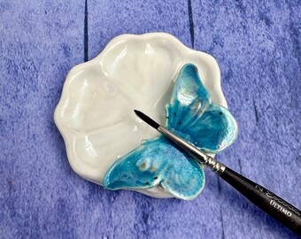 Ceramic watercolor Brush holder/ brush rest butterfly white/tahity grape ( BLUE COLOR ) with mother of pearl