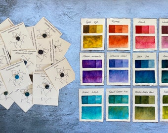 12 dots , ESSENTIAL SET # 1 Handmade granulating watercolor sample dots , Essential colors , dots only