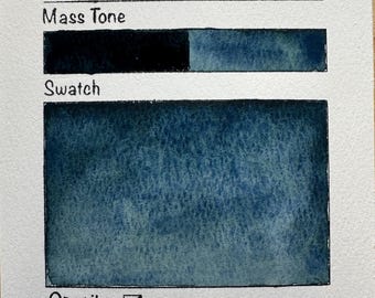May include: A MashasWatercolors swatch card for the color Deep Sea, listing pigments PB1, PB29, PY150, and PY40. It features a mass tone bar transitioning from dark to light, a large blue-green watercolor swatch, and data on opacity, lightfastness, staining, and toxicity.