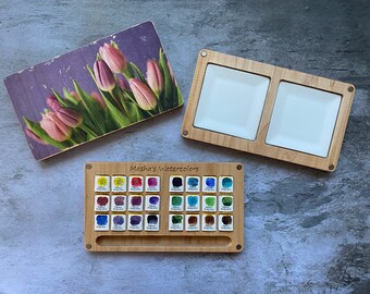 Handmade POPULAR COLORS Tulips watercolor palette with 24 granulating  half pans, wooden palette with ceramic mixing areas